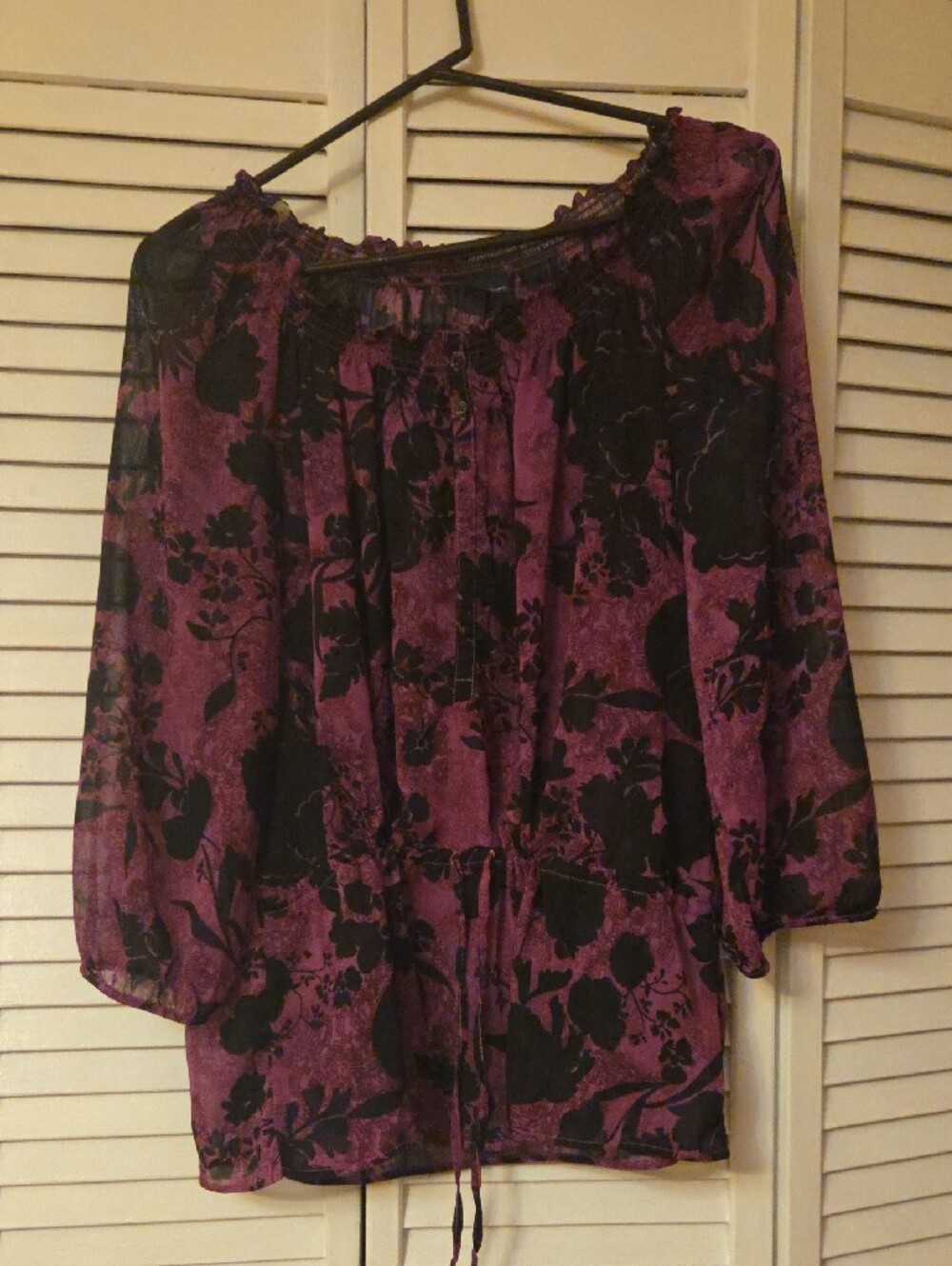 Faded Glory Purple and Black Floral Off-Shoulder Top